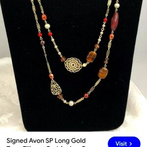 Vintage 1980's Avon SP Gold Tone Filigree Red Amber Purple Bead Necklace 40”